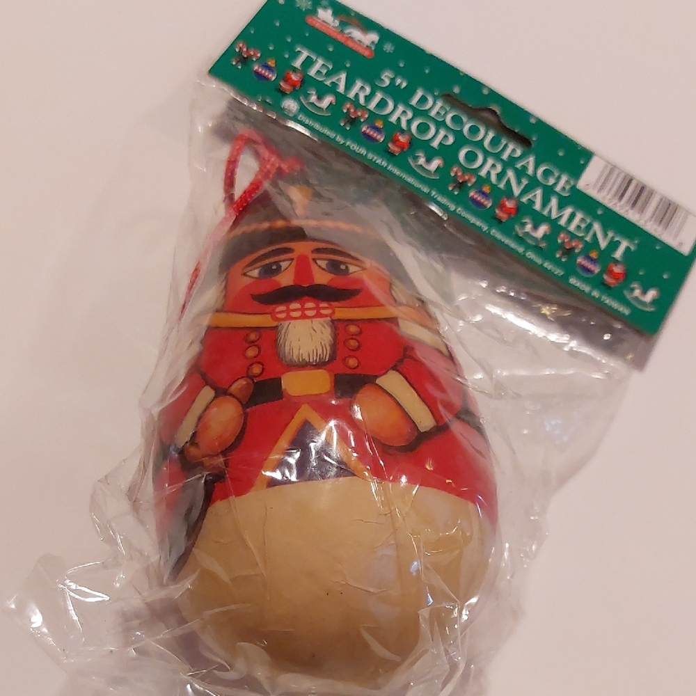 Nutcracker Teardrop Decoupage Ornament - Red and Cream Vintage